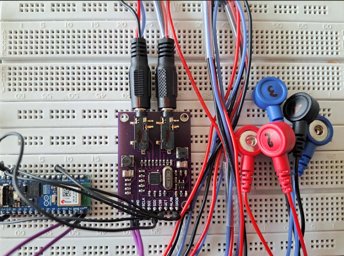 PulseWave capture hardware prototype on a breadboard: ADS1293 ECG breakout board, BLE microcontroller, and 3-lead electrode cables